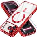 Misea Magnetic for iPhone 17 Pro Case Compatible with MagSafe [Never Yellowing] [Military Grade Drop Protection] Full Camera Lens Protector Plating Soft Clear Phone Case for Women, Red