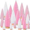 Leyndo 18 Pcs Pink Classic Artificial Mini Christmas Tree Sisal Bottle Brush Trees with Wood Base Christmas Pine Trees for Autumn Winter Holiday Home Kitchen Party Decor