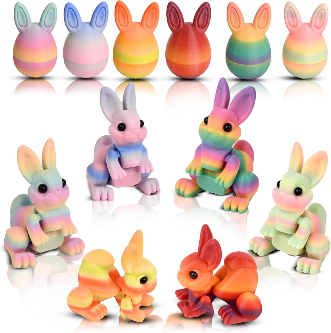 6PCS 3D Printed Animals with Eggs, Prefilled Egg with Articulated Rabbit Fidget Toys Inside, Party Favors, Classroom Prizes, Goodie Bag Fillers