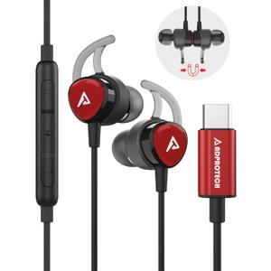 USB C Headphones, Type C Earbuds Magnetic Wired Earphones with Microphone and Volume Control Compatible with Google Pixel Xiaomi Samsung Oneplus Sony MacBook Black&Red