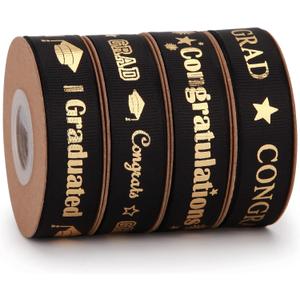 40 Yards Graduation Ribbon Congrats Grad 5/8 Inch Black and Gold Grosgrain Ribbon Use for Gift Wrapping,Graduation Party Decoration (Black)
