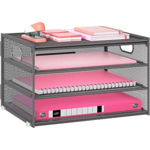 Lavatino 3-Tier Letter Tray Desk Organizer, Mesh Metal Paper File Tray Organizer for Desk, Office Supplies & Home Organization, Fits A4 Paper, Mail, Magazines & Office Accessories (Grey with Handle) (12.6" x 9.1" x 7.6")