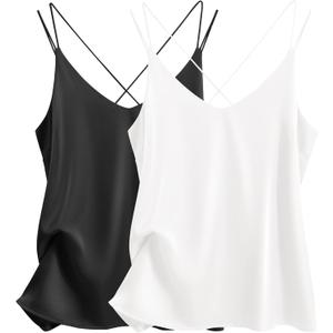 Ekouaer Womens 2-Pack Silk Satin Camisole Tank Top V Neck Sexy Cross Back Spaghetti Strap Cami Sleeveless Lounge Tops S-XXL (XXL)