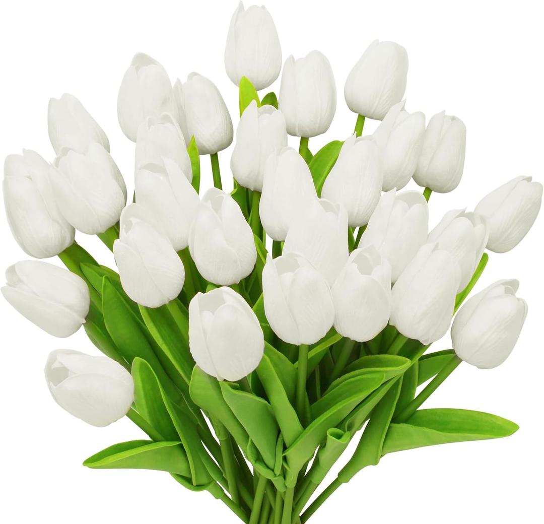 28pcs White Flowers Artificial Tulip Stems Real Feel PU Tulips for Easter Spring Wreath Wedding Bouquet Centerpiece Floral Arrangement Cemetery Table Dcor 13" Tall