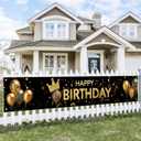 Happy Birthday Long Banner 118x20 Inch Black Gold Crown Theme Party Backdrops Decoration Balloons Confetti Polyester Fabric Large Event Supplies For Girls or boys gifts