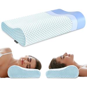 Memory Foam Bed Pillow for Sleeping, Ergonomic Cervical Contour Neck Support Orthopedic Pillow for Side Back Stomach Sleeper, Neck and Shoulder Pain (Blue)