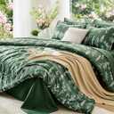 MUXHOMO Dark Green Bed in a Bag Queen 7 Pieces, Queen Comforter Set Reversible Botanical Flowers Design, Ultra Soft & Breathable Bedding Sets with Comforter, Sheets, Pillowcases & Shams