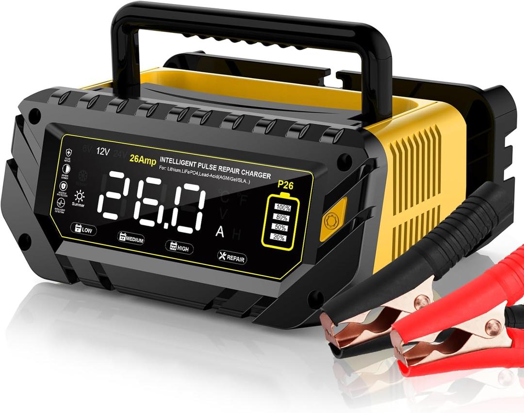 26 AMP Car Battery Charger, 6V/12V/24V Lead-Acid, Lithium, LiFePo4 Smart Battery Charger, Large Screen Trickle Charger, Fully Automatic Chargers and Maintainer for Car, Motorcycle, Lawn Mower (Yellow)