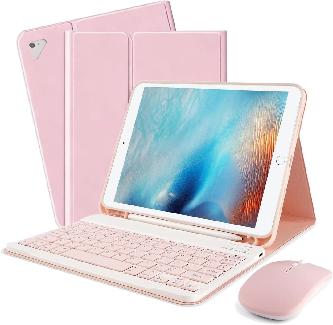 For iPad Pro 9.7 inch Case with Keyboard and Mouse for iPad 2018 (6th Gen)/ 2017 (5th Gen), Keyboard Case with Mouse for 2016 iPad Pro/Air 2/1, Detachable Wireless Keyboard Cover with Pencil Holder,BK (Pink)