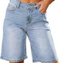 luvamia Bermuda Jean Shorts for Women High Waisted Trendy Stretchy Denim Shorts Knee Length Cutoff Loose Fit Long Shorts (Large, Seaside Blue)