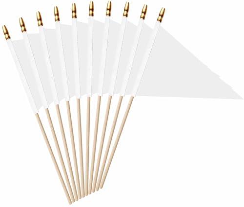 LUSEOAN 20 Pack White Mini Pennant Wood Stick Sublimation Flag Set - 5x8 Inch Solid Color Blank Hand Held Small Miniature Triangle Plain Flags for DIY Graffiti,School,Kids Birthday,Grand Opening