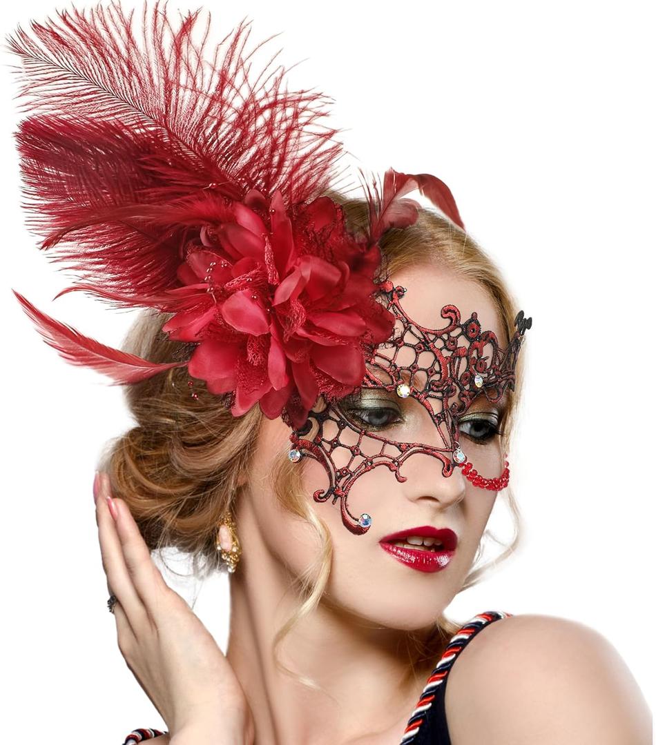 Zinniday Feather Masquerade Masks for Women - 2026 Lace Mask Shiny Rhinestone for Woman Couples Renaissance Carnival (Red)