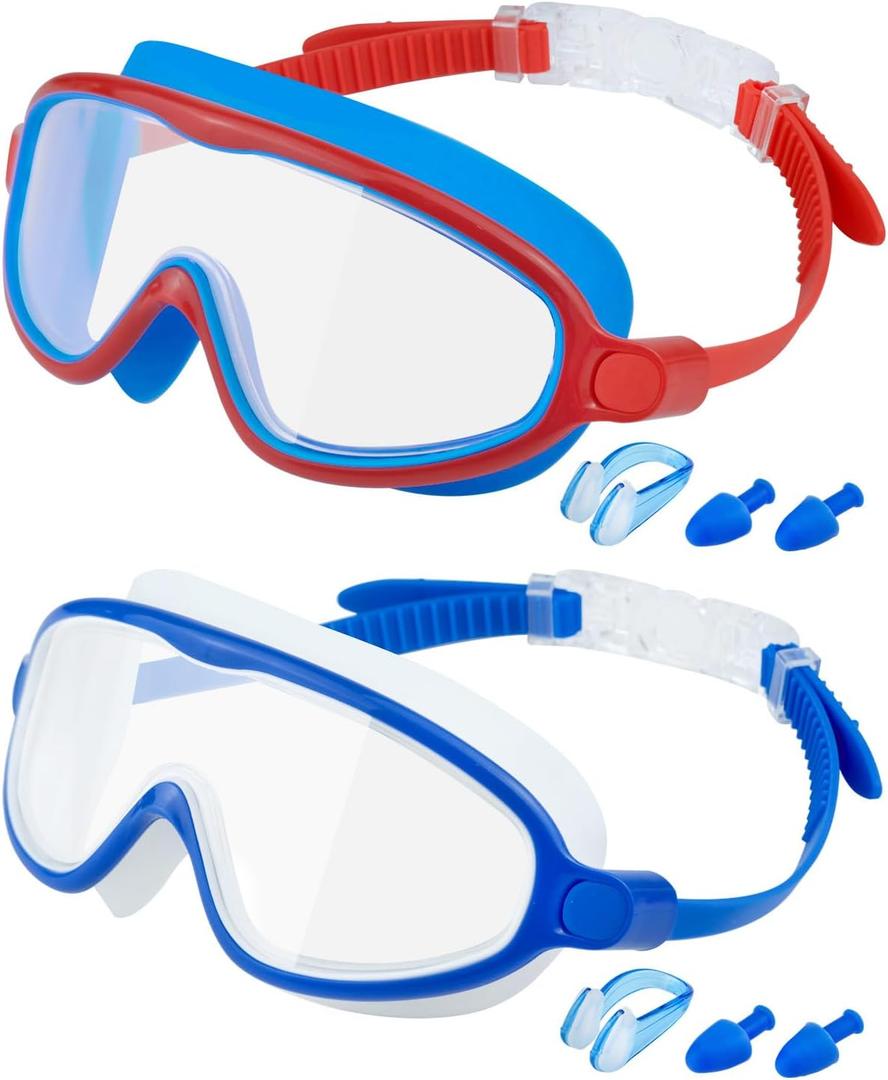 Rantizon Swim Goggles 2 Pack, Wide View Anti Fog&UV Swimming Goggles for Audlt, No Leaking Swim Glasses for Men Women Kids (Red Blue& Blue White)