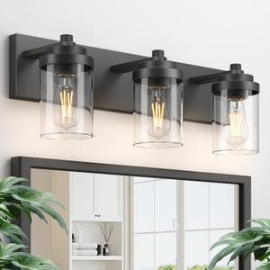 Bathroom Vanity Light, 3-Light Modern Black Vanity Light Fixtures with Clear Glass Shade, 22in Matte Black Bathroom Light Fixtures Over Mirror, Rustic Restroom Lighting Fixtures