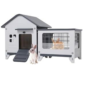 Rabbit Hutch Indoor & Outdoor with Extended Play Area, Plastic Rabbit Hutch with Sloped Roof Drainage, Panoramic Windows, Urine Barrier & Pull-Out Tray, Rabbit Cage with Run Easy to Clean and Assemble