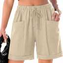 SHEWIN Women Shorts Casual Drawstring Linen Shorts for Women High Waisted 5 Inch Inseam Womens Summer Pants with Pockets, 2XL, Apricot