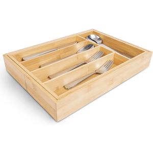 Smart Design Expandable Bamboo Cutlery Tray - Non-Slip Lining and Feet - Utensils, Flatware, Office, Personal Care, or Makeup Storage