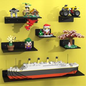BlissBox 12-Pack Floating Shelves for Wall Compatible with Lego Building Bricks, 5x5.5inch DualSided 16x17 Studs for Toy Brick Storage and Display, ABS Display Shelves for Room Decor, Black