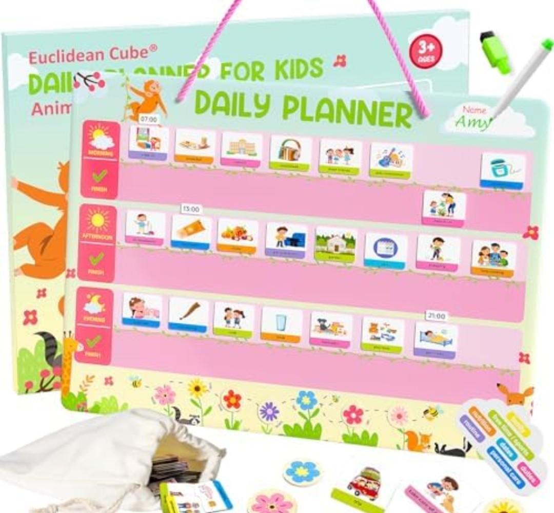 Daily Planner for Kids - Magnetic Behavior Board Calendar with 195 Magnets, Storage Bag, Cord & Pen - Daily Routine and Chore Chart - Visual Schedule for Kids 3+ Year Old (Animal Theme)