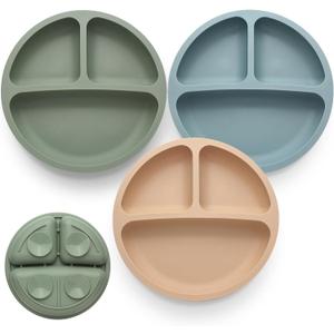 Eascrozn Toddler Plates 3 Pack, Divided Suction Plates for Baby, 100% Food Grade Silicone Baby Plates, Non-Slip, Baby Led Weaning Supplies, Microwave & Dishwasher Safe