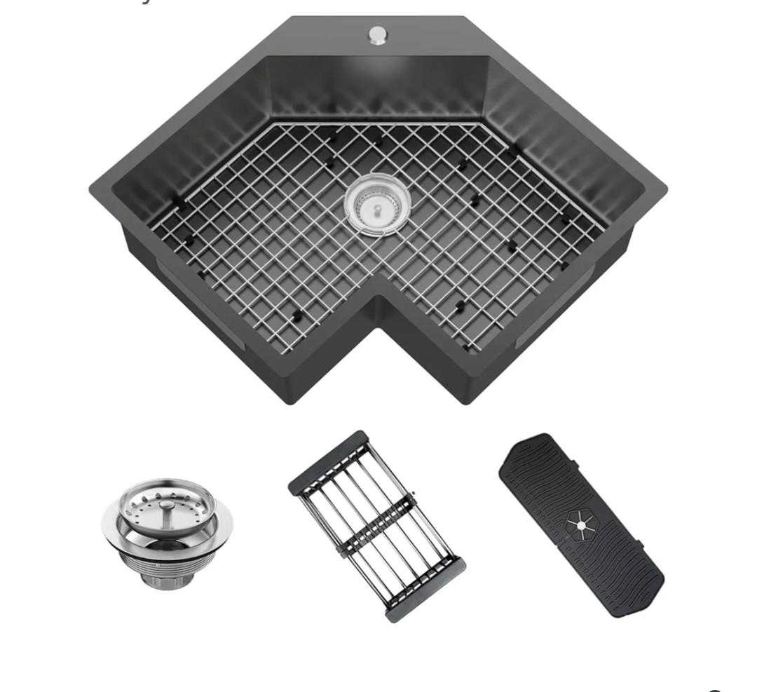 Black Corner Kitchen Sink, 25In Stainless Steel Drop In Sink Stylish and Modern Topmount Sink With Bottom Grid,Silicon Mat,Colander And Drain Assembly Nice Solution For Kitchen And Bar Corner