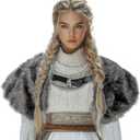 MCJC Medieval Cloak,Viking Costume Faux Fur Shawl For Women, Halloween Performance Accessory (Gray)