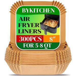 BYKITCHEN 300PCS Disposable Air Fryer Paper Liners for Ninja AF141 5 QT Pro AF181 6.5QT, Cosori Chefman 6 QT &Other 5 to 8Qt Airfryer, 8in Square Air Fryer Parchment Paper, Airfryer Basket Accessories