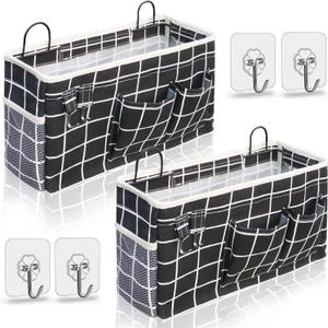 2pcs Large Wall Hanging Organizer Bag, Linen Fabric Door Hanging Storage Baskets with Pockets, Waterproof Bin for Kitchen, Bedroom, Office, RV Camper (Black)