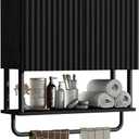 RUSTOWN Fluted Bathroom Wall Cabinet with 2 Doors, 3-Tier Modern Farmhouse Medicine Cabinet, Over The Toilet Storage Cabinet with Adjustable Shelf and Towel Bar (Black, Medium)