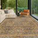 Vintage Floral Living Room Rug 8x10, Gold Brown Washable Area Rugs for Bedroom, Dining Room Under Kitchen Table, Oriental Low Pile Non-Slip Large Indoor Carpet with Taupe Yellow Earthy Tones