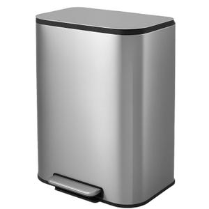14 Gallon / 50 L Kitchen Trash Can, Stainless Steel Step-on Garbage Can with Soft Close Lid & Odor Protection, Removable Inner Bucket and Rear Handle for Kitchen