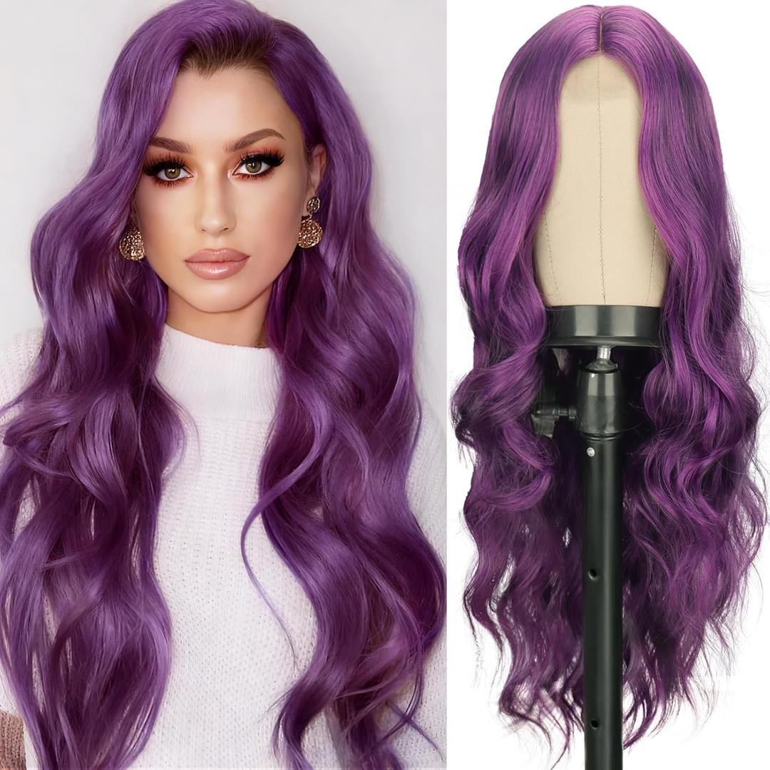 WERD Long Purple Wavy Wig for Women 26 Inch Middle Part Heat Resistant Dark Purple Synthetic Wig with Natural Curls for Cosplay Daily Party Use