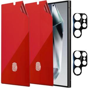 2 Pack Anti-Blue Privacy Screen Protector for Samsung Galaxy S24 Ultra Anti-Spy Soft Red Film Support Finger Unlock 6.8 inch + 2 Pack Camera Lens Glass Protector