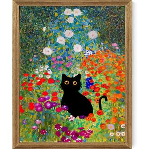 Fantasy Artists Gustav Klimt Canvas Wall Art, Framed Aesthetic Cat Floral Wall Decor, Garden Flower Black Cat Poster Paintings for Living Room Bedroom Bathroon, Dorm Home Decorations, 8" X 10"