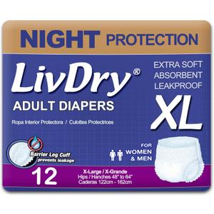 LivDry XL Overnight Adult Diapers for Women and Men, Incontinence Underwear, X-Large, 12-Pack (X-Large (12 Count))