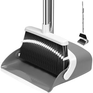 NACENA Broom and Dustpan Set, 52-in Long Adjustable Handle Broom Dustpan Combo with Dustpan Teeth to Automatically Clean Hair Suitable for Home Kitchen Office Hall Floor(Grey&White)