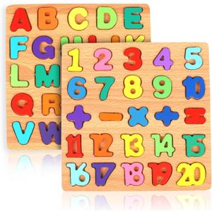 2 Pack Wooden Puzzles, Toddlers Alphabet Number Puzzles, ABC Learning Toys for Kids Ages 3-5, Preschool Learning Activities Gift Set for Boys & Girls