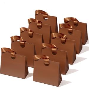 Vitalizart Paper Gift Bags With Ribbon Handles Set of 10 Brown Bulk Reusable For Gift Wrap Girls Kids Birthday Bridal Shower Party Favors Goodie Bags Candy Toys Christmas 7.87"x3.54"x7.09" Small Size