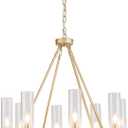 Wagon Wheel Chandelier 8-Light Glass Pendant Light, Industrial Modern Golden Pendant Light, Suitable for Living Room Lighting Fixtures, Dining Rooms, Halls, Lobbies, Bedrooms