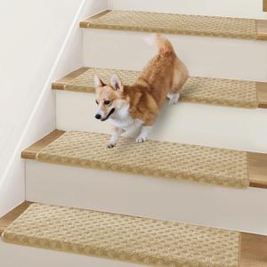 Bullnose Stair Treads Non Slip 9.5" x 32", 14 Pcs Carpet Stair Treads for Wooden Steps Indoor with Edge Protection, Reusable Peel and Stick TPU Backing Stair Runner Rugs - Lattice Pattern Beige