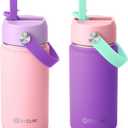 Fimibuke Kids Insulated Water Bottle - 14oz BPA-FREE 18/8 Stainless Steel Travel Tumbler Leak Proof Double Wall Vacuum Kids Cup with Straw Metal Water Bottle for School Boys Girls2 Pack, Macaron