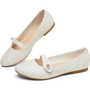 FINIWOR Women's Mary Jane Flats  Floral Print with Pearl Buckle, PU Leather Slip-On Ballet Flats (7.5, White)