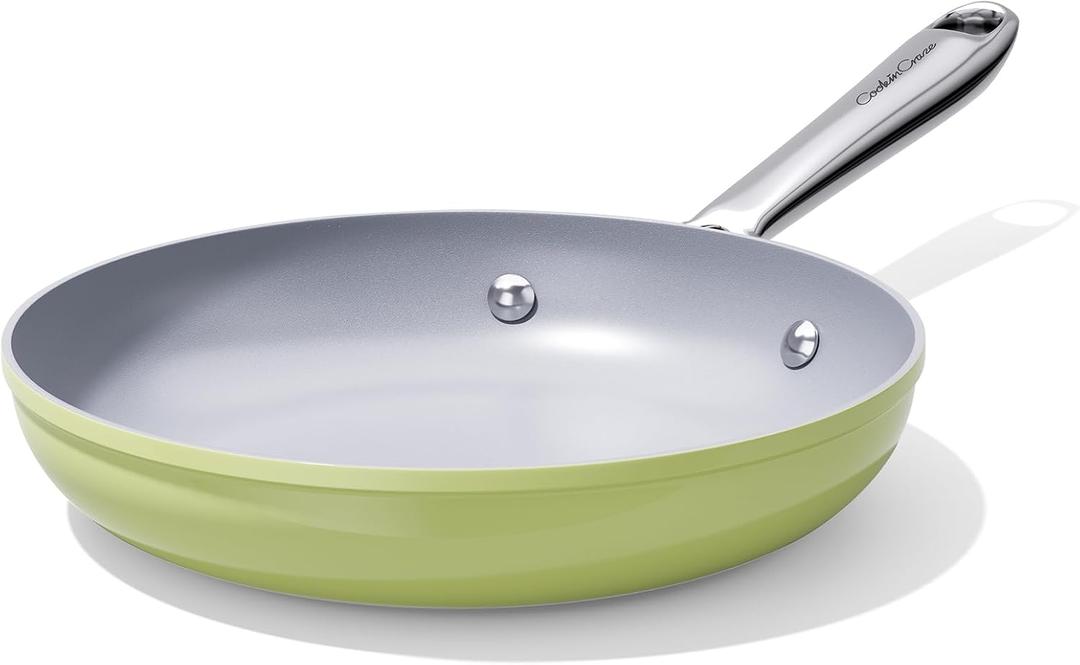 CookinCraze Nonstick Ceramic Frying Pan 10" Non Toxic Cooking Skillet for Eggs Pancakes & Stir Fry Even Heat Distribution PTFE/PFOA/PFAS Free Oven Safe Up to 500F All Cooktops Compatible, Olive Green