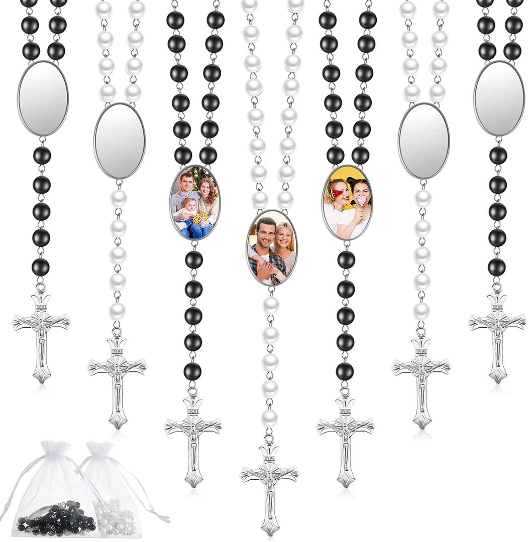 Taiyin Sublimation Blanks Rosary Beads Necklace Set Catholic Rosaries Printable Insert Necklace Prayer Beads with Sheer Organza Bags for Baptism Women Men Jewelry Gifts DIY Making(12 Set)