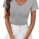 Womens T Shirts Short Sleeve V Neck Tees Basic Tshirts Ribbed Casual Top (Gray, L)