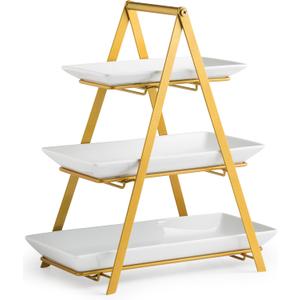 YHOSSEUN 3 Tier Serving Tray, Porcelain Tiered Tray Stand, 10+12+14 Inch Serving Platters and Trays with Collapsible Sturdier Rack, 3 Tiered Serving Stand Dessert Stands Treat Table Display Set, Gold