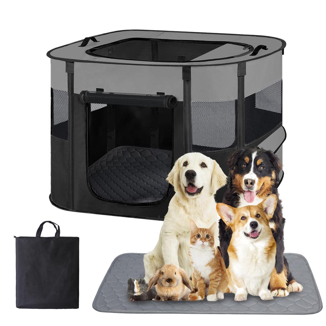 Pet Dog Cat Playpen with Waterproof Pad,Portable Puppy Kitten Rabbit Crate and Other Small Animals Kennel Cage Tent for Indoor Outdoor Travel Camping,Water-Resistant Breathable Shade Cover (Grey S)