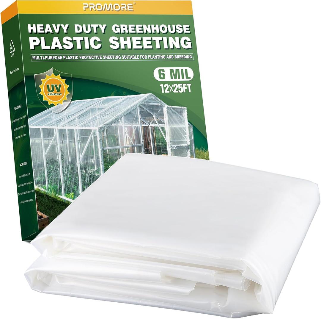 Plastic Sheeting 6 Mil, 12x25 FT, Greenhouse Plastic Sheeting, Heavy Duty, Polyethylene Film, UV Resistant, Tear-Proof, for Garden, Agriculture, Painting Floor Protection