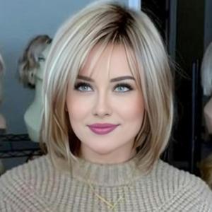 RENERSHOW Medium Length Bob Wigs for White Women Layered Blonde Highlight Straight Pixie Bob Wig with Bangs Heat Synthetic Natural Daily Party Wig 12inch Average Size Wig