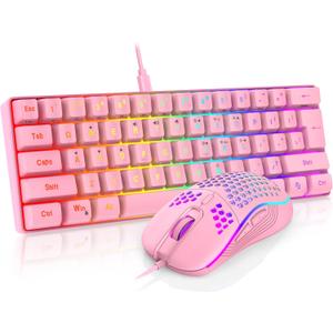 RedThunder 60% Gaming Keyboard and Mouse Combo, Ultra-Compact 61 Keys RGB Backlit Mini Keyboard, Lightweight 7200 DPI Honeycomb Optical Mouse, RGB Wired Gaming Set for PC MAC PS5 Xbox Gamer(Pink)